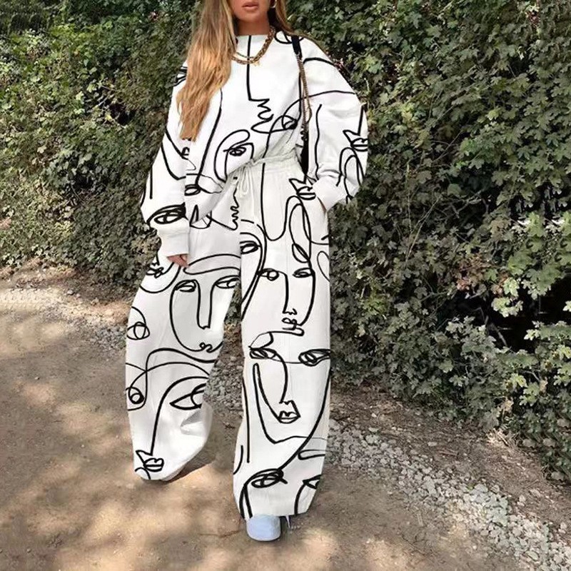 Conjunto de Sudadera Informal con Cuello Redondo y Estampado Holgado para Mujer, Estilo Europeo y Americano, Novedad de Comercio Exterior Transfronterizo para Otoño 2025