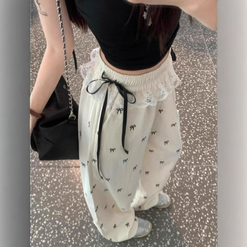 Sweet Spice Girl Lace Stitching Casual Pants Bow Pants Women's Summer Loose Loose Waist Wide Leg Pants Straight Leg Pants Sweet Spice Girl Lace Stitching Casual Pants Bow Pants Women's Summer Loose Loose Waist Wide Leg Pants Straight Leg Pants