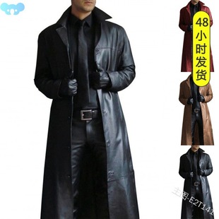 Lapel Solid Color Trench Coat Style Slim Leather Long Pu Lea