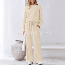 现货2025欧美宽松简约纯色休闲套装女秋冬季新款纹理抽绳运动装女