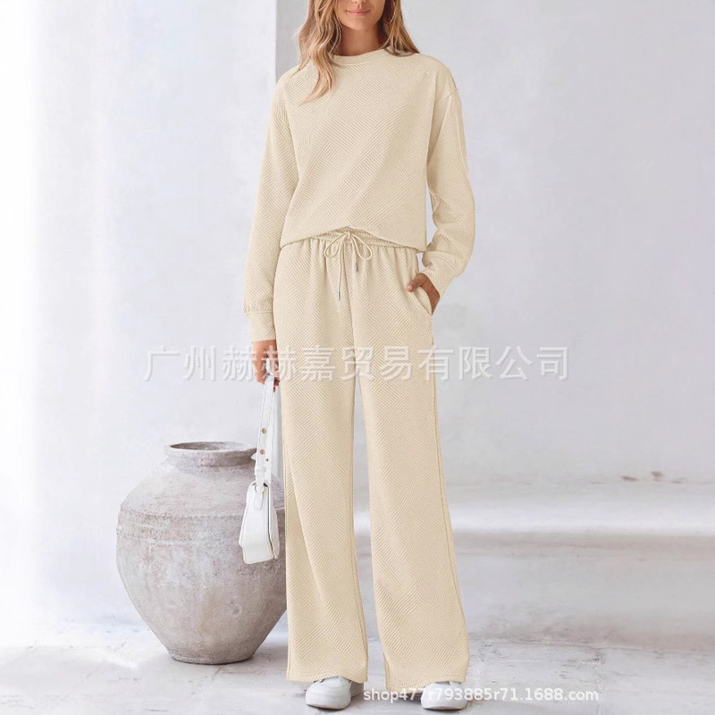 现货2025欧美宽松简约纯色休闲套装女秋冬季新款纹理抽绳运动装女|undefined