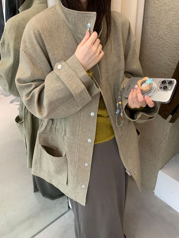 元派bluepops2025秋季新款亚麻棉立领风衣单排扣中长款外套A5678|undefined
