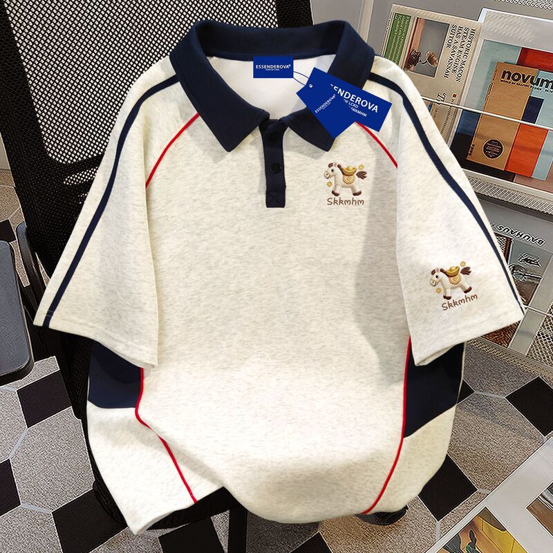 100% Pure Cotton American-Style Korean Version Polo Collar Short-Sleeve T-Shirt for Men and Women, Summer Loose Fit, Slimming Couple's Top, Ins