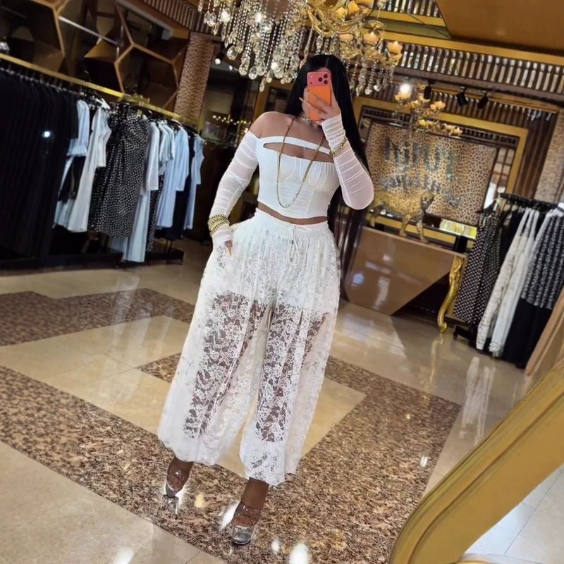 European and American Cross-Border Women's Fashion 2026 Summer Hollow-Out Sexy Long-Sleeve Tight-Fitting Bustier Top with Elastic Waist Lace Lantern Pants