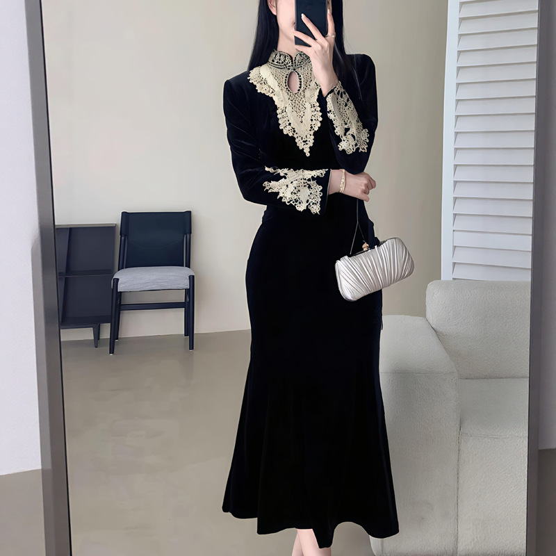 High-End, Exquisite, Luxurious and High-End Black Velvet Dress, Autumn and Winter Fishtail Slimming Look Dress, Long Skirt