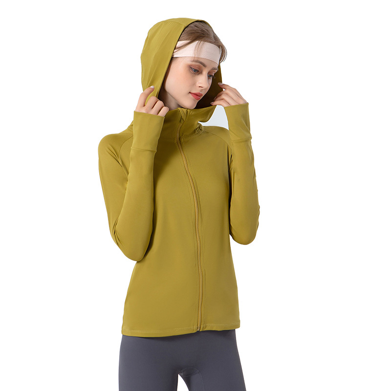 2024 primavera y verano nueva ropa de yoga cuello alto suelto cremallera chaqueta con capucha de secado rápido adelgazante bolsillo ropa de entrenamiento