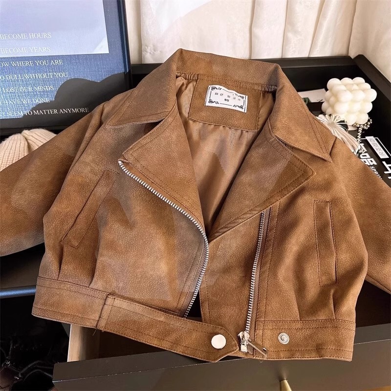 Children's Maillard Leather Coat 2024 Spring and Autumn New Children's Loose Lapel Retro Biker Suit Children's Maillard Leather Coat 2024 Spring and Autumn New Children's Loose Lapel Retro Biker Suit