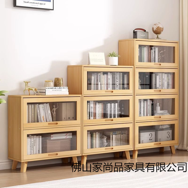 Solid Wood Bookcase Flip-Up Door Bookshelf Storage Rack Home Living Room Dust-Proof Glass Door Multi-Layer Floor-Standing Children's Storage Cabinet