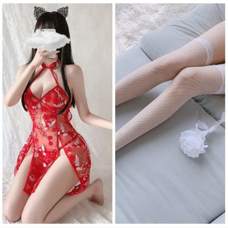 빨강 (치파오 스커트 + 팬티) + 흰색 그물 양말