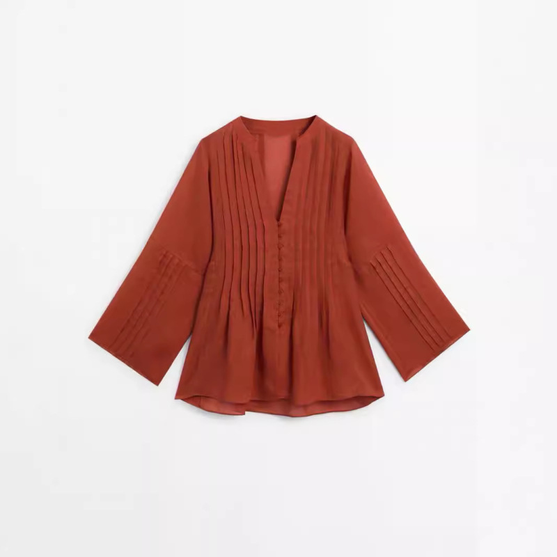 2026 Summer and Autumn New Red Clay-Colored Ramie Lightweight Hand-Pleated Loose Shirt Casual Loose Fashionable Morning Robe 2026 Summer and Autumn New Red Clay-Colored Ramie Lightweight Hand-Pleated Loose Shirt Casual Loose Fashionable Morning Robe