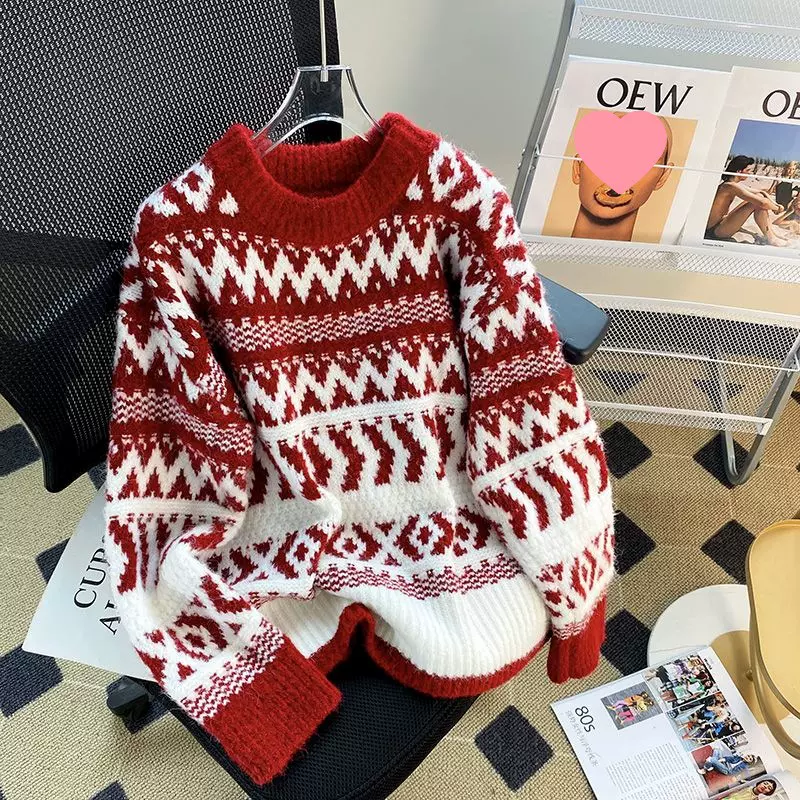 秋冬加厚红色圣诞洋气小个子毛衣女复古宽松外穿慵懒风内搭针织衫
