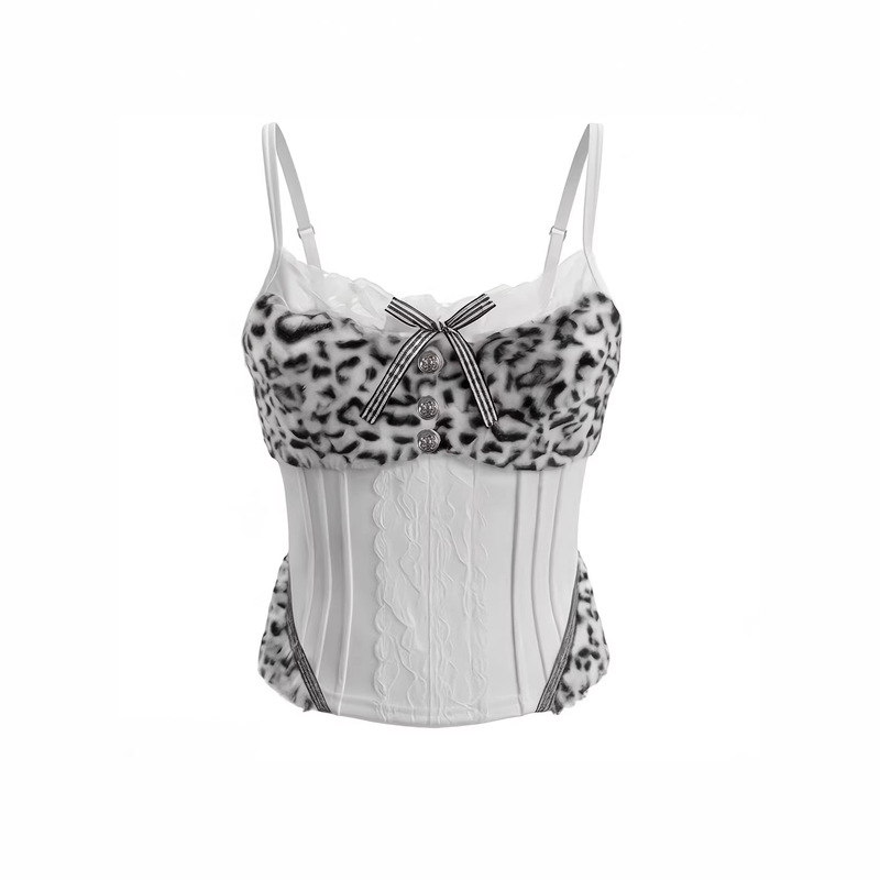 [European and American Sizes] Cross-Border Shein Temu Foreign Trade Trendy Slim-Fit Top with Kitten Print and Leopard Lace Patchwork