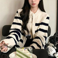 温柔风条纹毛衣开衫女秋冬2025新款松弛感慵懒软糯针织衫短款外套