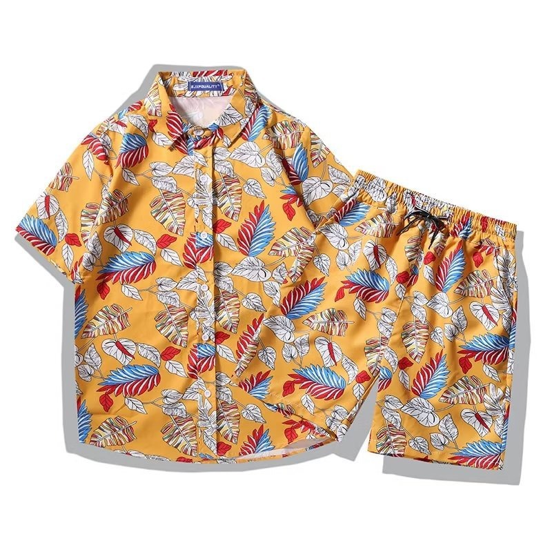 Men's Tropical Print Short Sleeve Shirt And Shorts Set, Quick-Dry Hawaiian Beach Outfit, Matching Couple Vacation Two-Piece Set​_viptrois.com