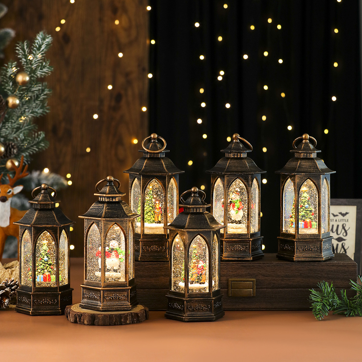Nueva lámpara de aceite de inyección de agua hexagonal de nieve giratoria luminosa, decoración de caja de música, decoración de regalo de Navidad, linterna