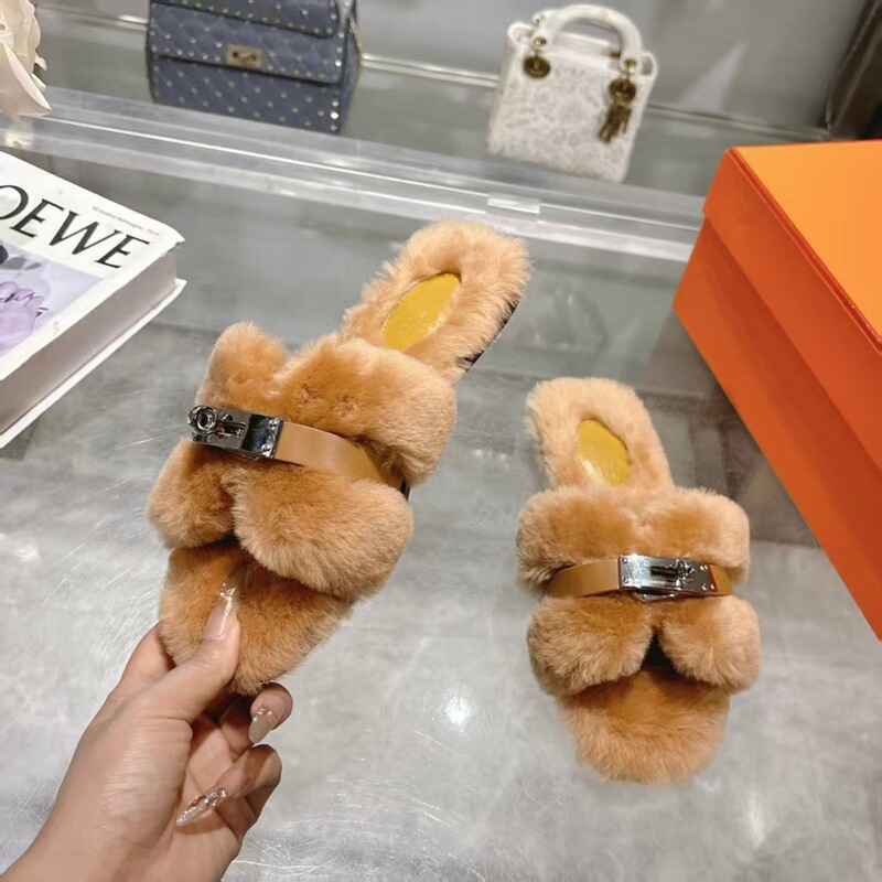 欧洲站高品质2025秋冬新款H家真皮底时尚潮流羊羔毛平底拖鞋女|undefined
