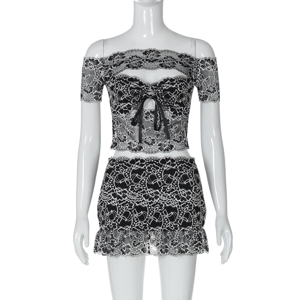 Arrival Sexy Sleeve Chest Wrapped Hollow Out Cutout Top Ultra Short Sheath Slim Fit Skirt Lace Women