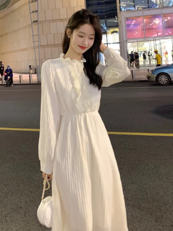 法式茶歇蕾丝连衣裙女秋装2025年新款木耳边立领长裙甜美减龄裙子|undefined
