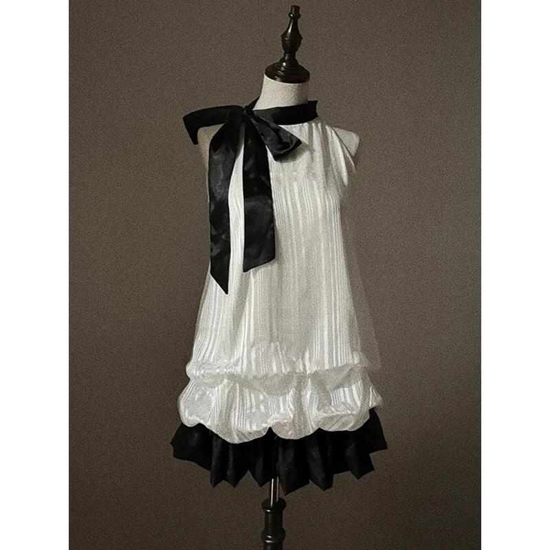 French-Style Color-Blocked Bow Halter Neck Dress for Women, Summer Elegant Waist-Cinching Slimming Short Dress, Pure and Sweet Style