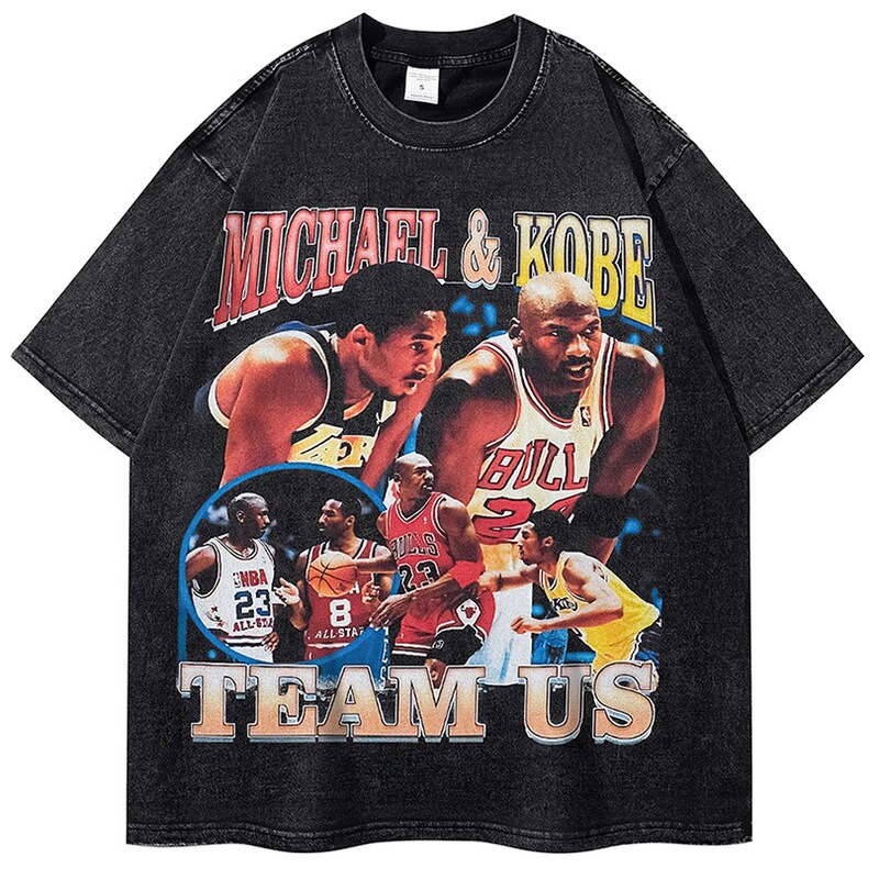Kobe Jordan T-Shirt European and American High Street Retro Washed Short-Sleeved Loose Old Men's T-Shirt Casual Versatile Cotton Printing