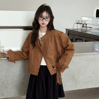 女童春秋棕色麂皮美拉德外套中大童韩系宽松短款儿童百搭潮流上衣