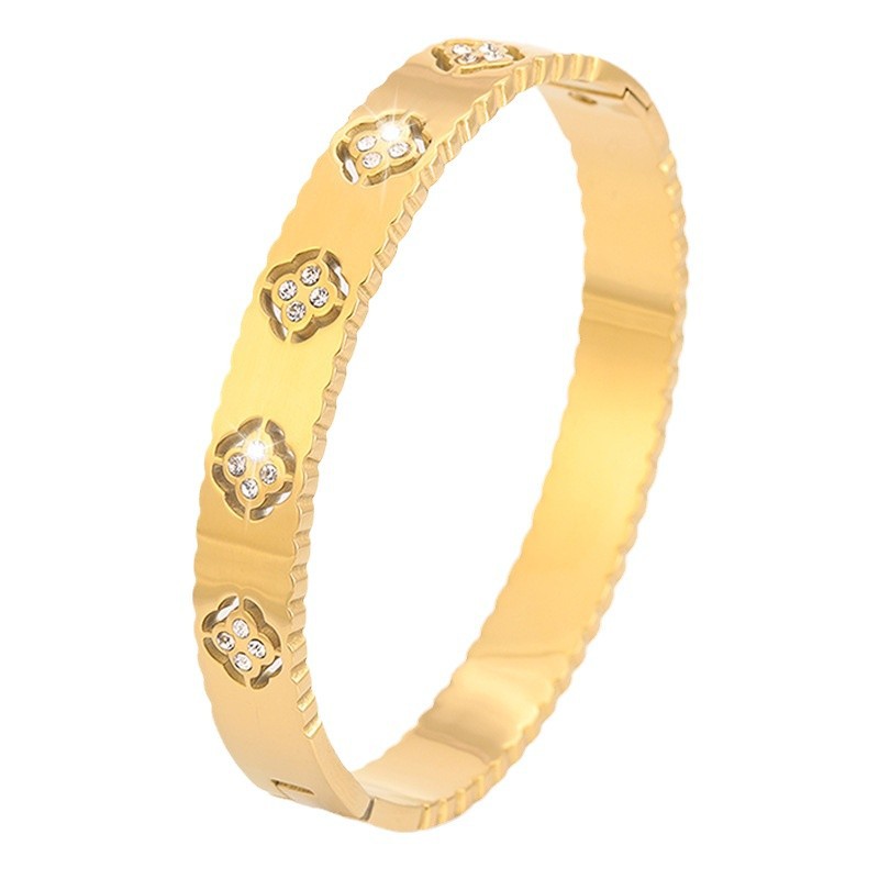 Brazalete Calado de Trébol de Acero de Titanio con Diamantes para Parejas