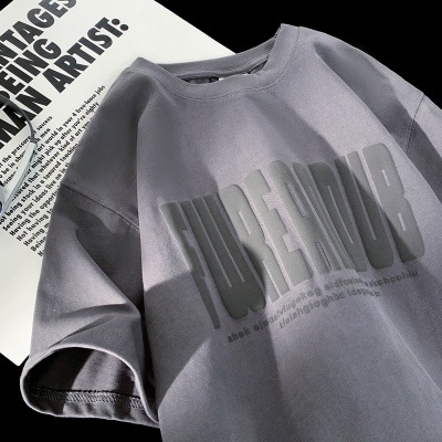 Camiseta de manga curta de espuma impressa com letras para homens, marca moderna de verão de algodão puro, roupas de base de meia manga_voghion.com