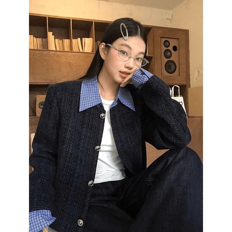 Korean Style Fake Two-Piece Spliced ​​Lapel Small Fragrance Jacket for Women Autumn New Loose Casual Short Jacket Top Trendy