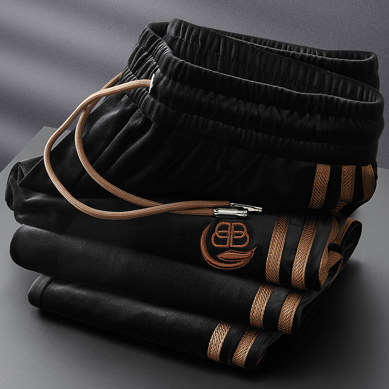 Winter Light Luxury Side Ribbon Warm High-end Golden Velvet Pants Men's Straight Slim-fit Small Foot Drawstring Sports Trousers for Men