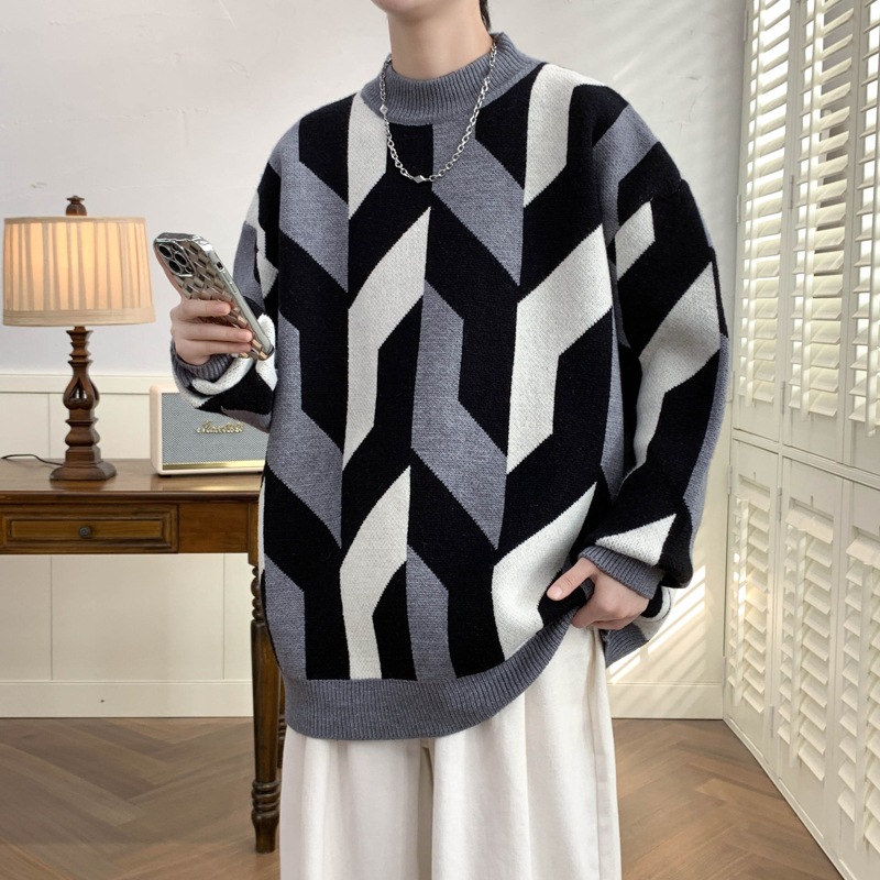 Herrenkleidung Pullover Herren Herbst/Winter Verdickter Halbrollkragenpullover Trend Retro Farbkontrast Lässige Strickwaren Linie Kleidung_voghion.com