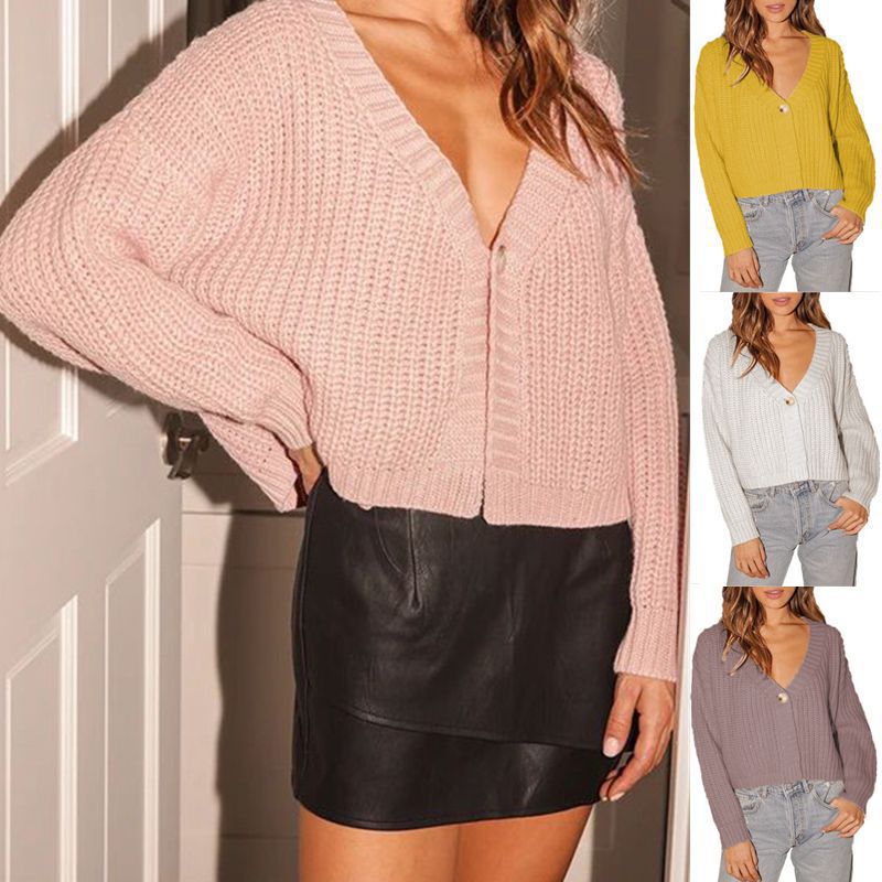 Comercio exterior de otoño suministro transfronterizo de ropa de mujer europea y americana botón de punto de manga larga cardigán de color sólido suéter suelto de cuello en V