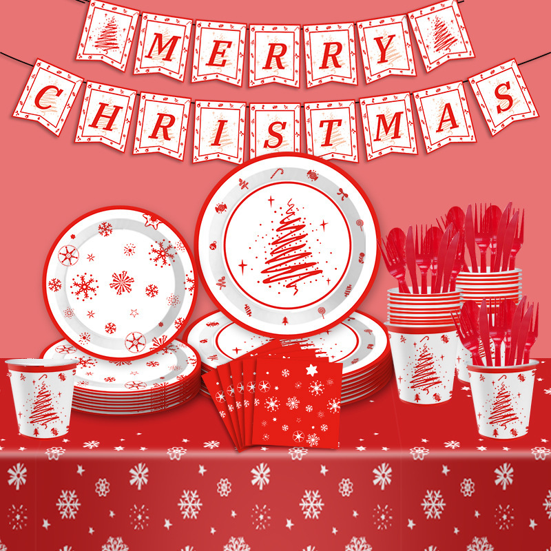 Red Snowflake Christmas Tree Christmas Party Tableware suit Disposable Paper Cup Paper Plate Paper Towel Snowflake Tablecloth