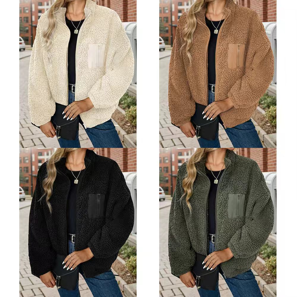 European and American cross-border loose-fitting fleece coat with stand-up collar, zip-up workwear pockets, thick and warm fleece top