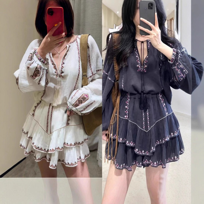 Ruffled Shorts Spring and Summer New Style Bohemian Style Embroidered Tassel Long-Sleeved Shirt Elastic Waist Ruffled Culottes