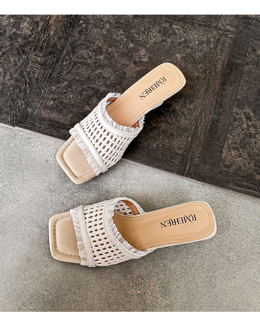 Sandal cao gót nữ quai ngang đan móc hở mũi mũi vuông gót cao — màu đen, màu trắng ngà chi tiết 14