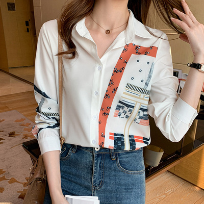 实拍雪纺衬衫女衬衣设计感小众洋气时尚气质长袖印花2022春新款|ms