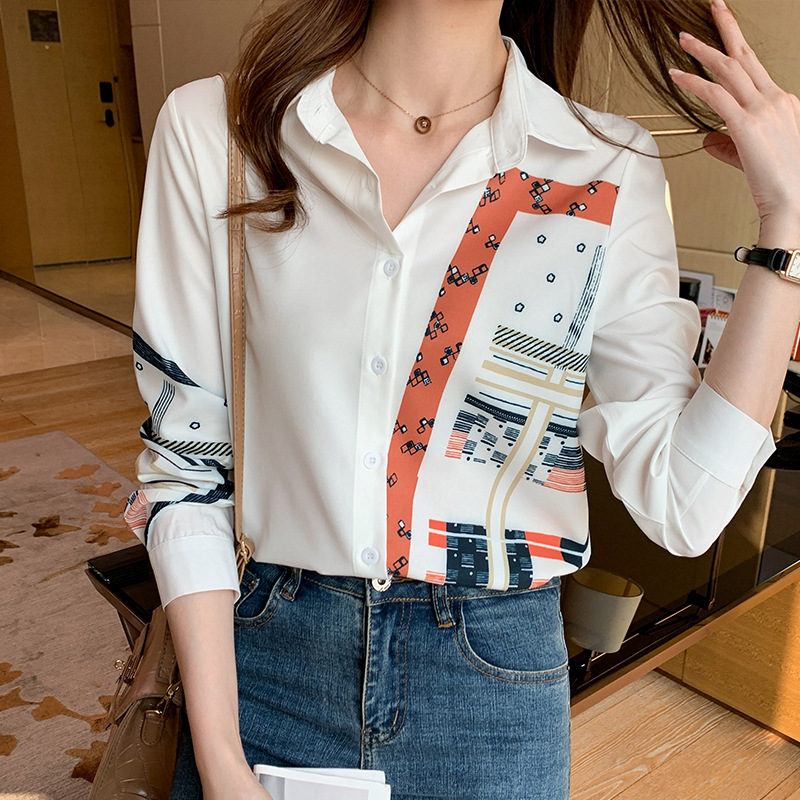 实拍雪纺衬衫女衬衣设计感小众洋气时尚气质长袖印花2022春新款|ms