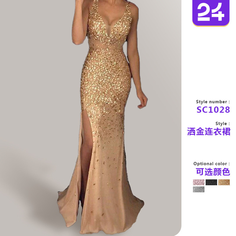 2026 European and American Women's Fashion Amazon Long Dress with Straps, V-Neck, Slit, and Gold Embellishments, Deep V-Neck Evening Gown