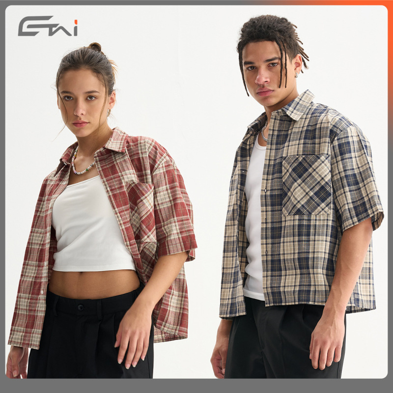 Etai Men's Clothing | Trendy Brand Color-Block Short-Sleeve Plaid Shirt for Men, High-Quality Spring/Summer Style, Couple's Boxy Shirt.