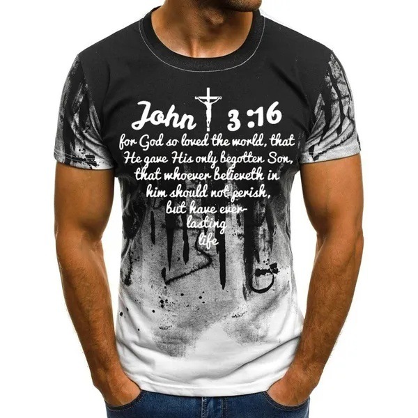 Verano casual suelto cuello redondo manga corta hombro transpirable camiseta de hombre Pascua Jesús gradiente lema 3D impresión