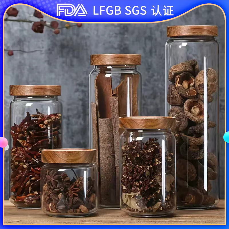 Tanque de almacenamiento de madera de acacia para almacenar alto borosilicato transparente de uso diario con cubierta de cocina de almacenamiento de granos de vidrio sellado de vidrio