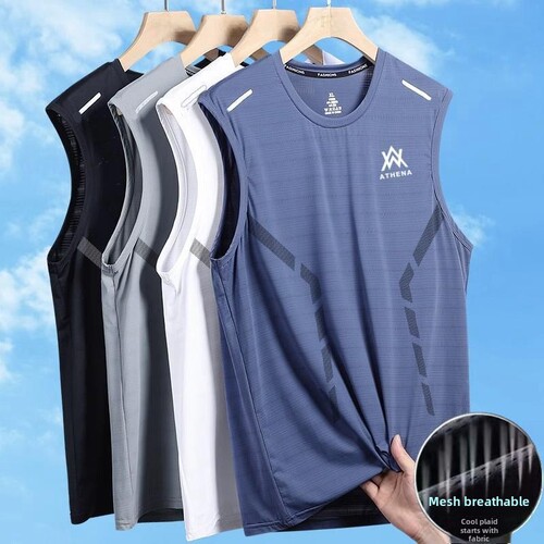 Men's Summer Thin Ice Silk Sleeveless T-Shirt, Trendy Brand Large Size Sports Fitness Basketball Tank Top for Boys, Quick-Drying Backless Shirt