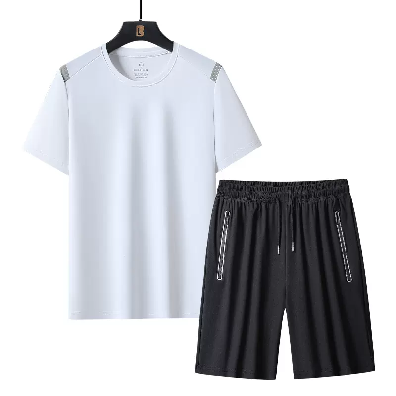 户外运动休闲宽松冰丝透气条纹短袖套装男女潮流百搭速干短裤跨境
