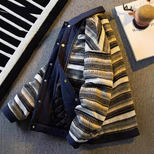 Horizontal Striped Tweed Workwear Cotton Coat for Men, Winter Thickened Warm Ethnic Style Jacket, Cotton Couple Style