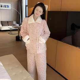 甜美少女粉毛绒边珊瑚绒睡衣女秋冬新款加厚保暖家居服套装可外穿