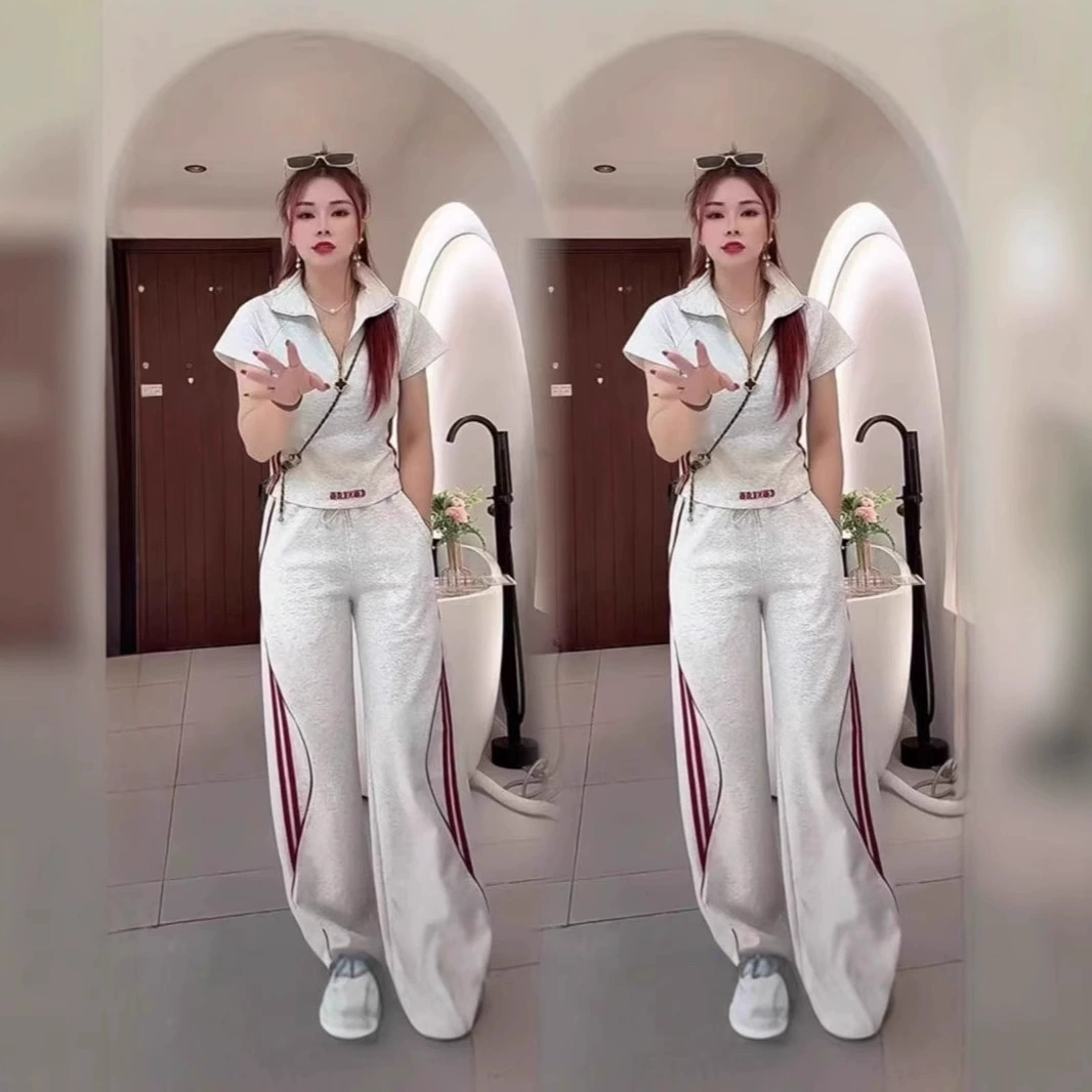 Летний спортивный костюм Salt series 2025, модная повседневная модель: топ с коротким рукавом и полузастежкой, широкие брюки, комплект из двух предметов.