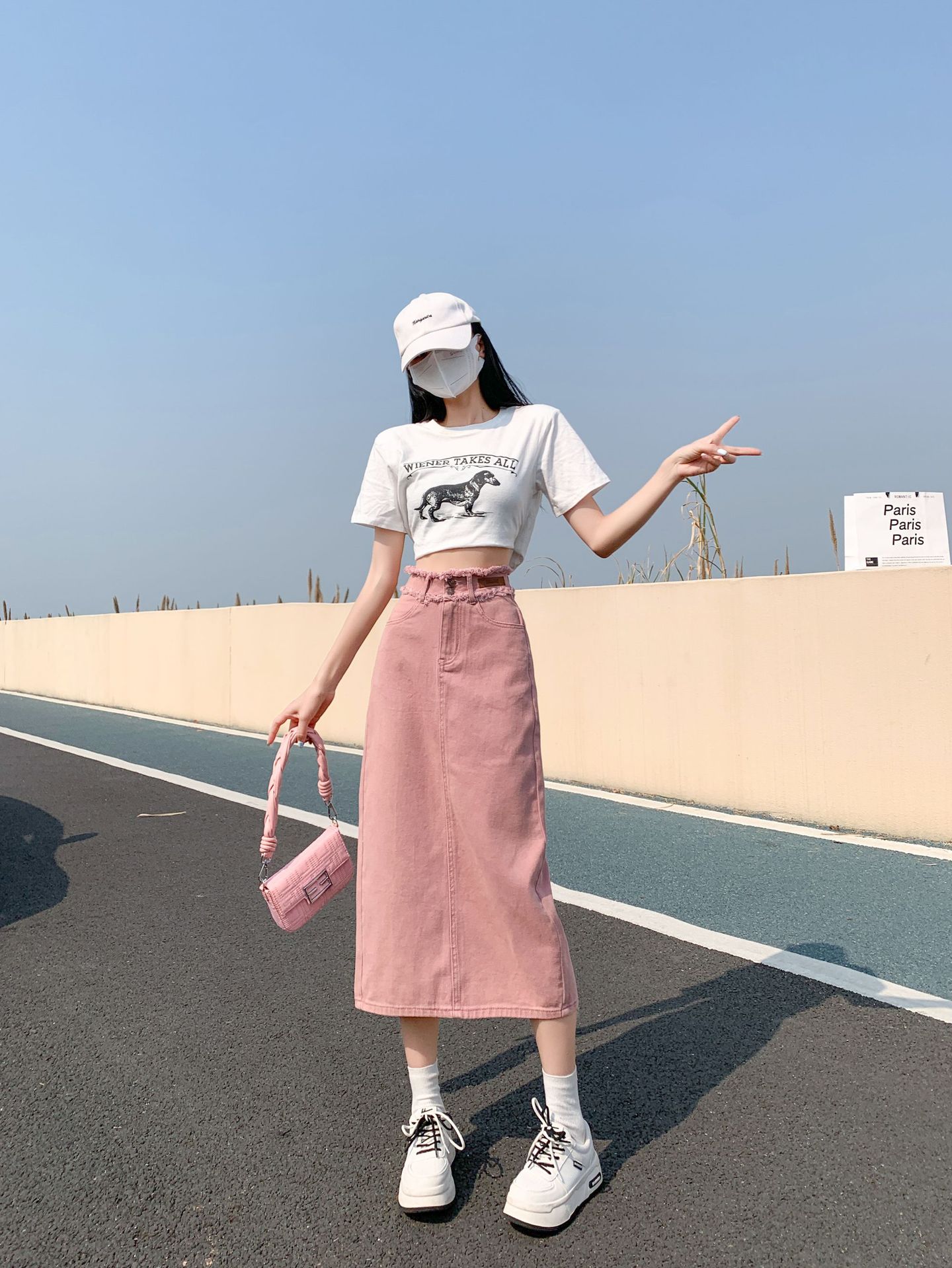 Fuchsia long design denim skirt