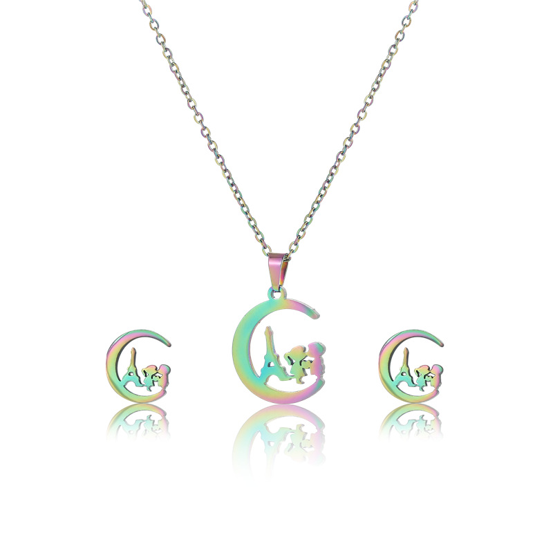 colorful boy and girl pendant clavicle chain earring set stainless steel