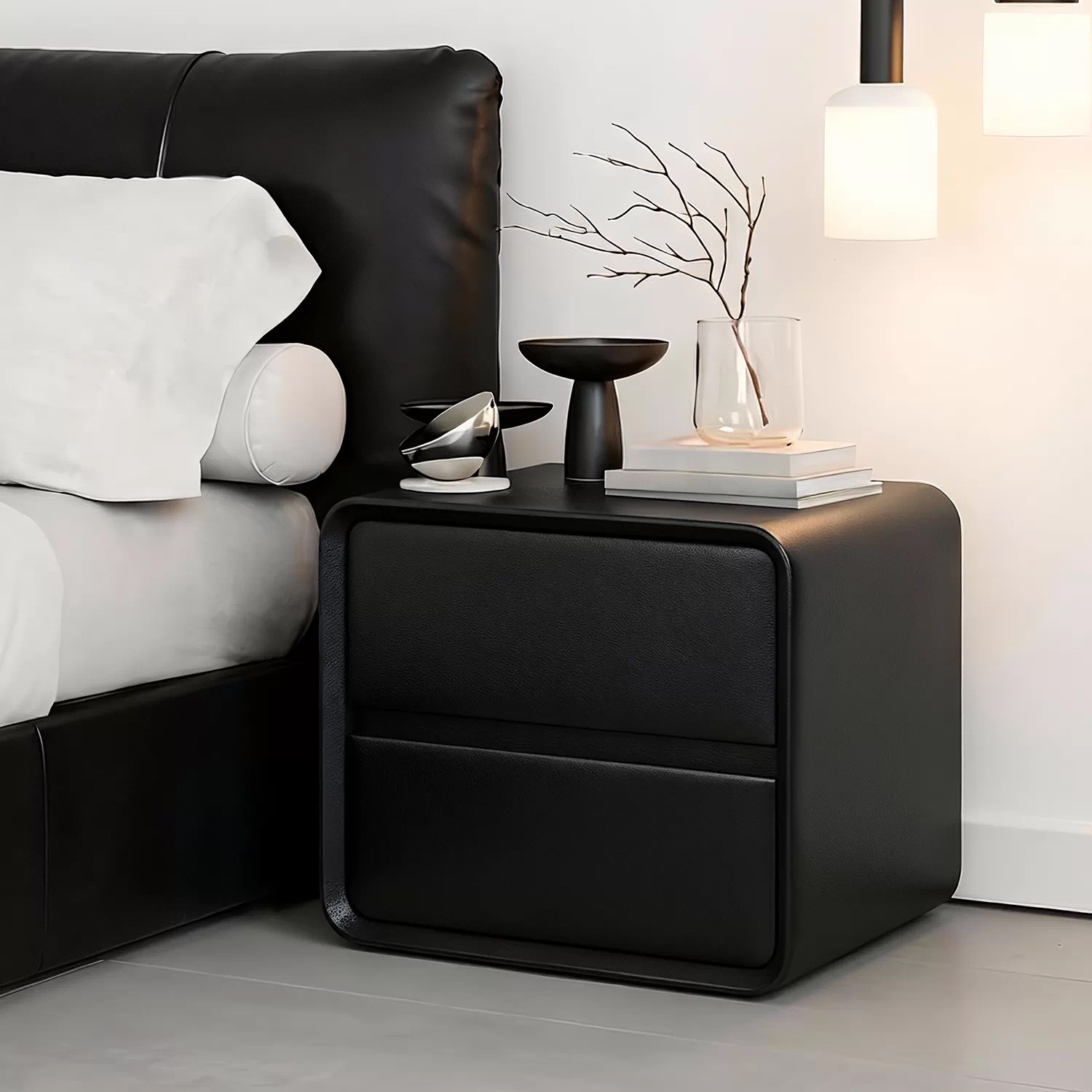 Mesita de noche negra de alta gama para uso doméstico, gabinete de almacenamiento para dormitorio estilo vintage color crema, gabinete de almacenamiento moderno y sencillo.