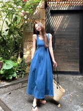 蓝雾之恋法式牛仔连衣裙女夏小众设计感收腰气质吊带长裙